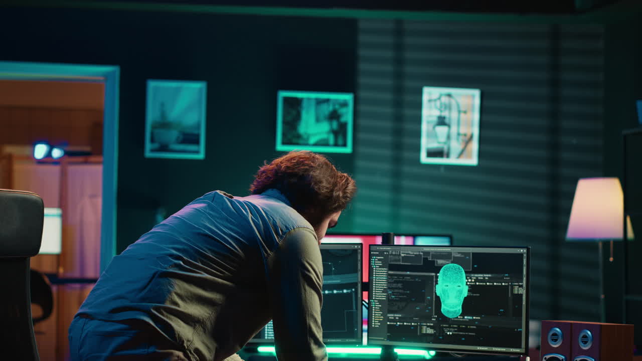 Ecstatic man celebrating after awakening AI using VR headset