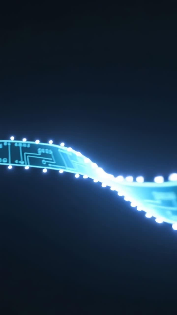 Glowing Blue Digital Circuit Ribbon Flowing in Dark Space