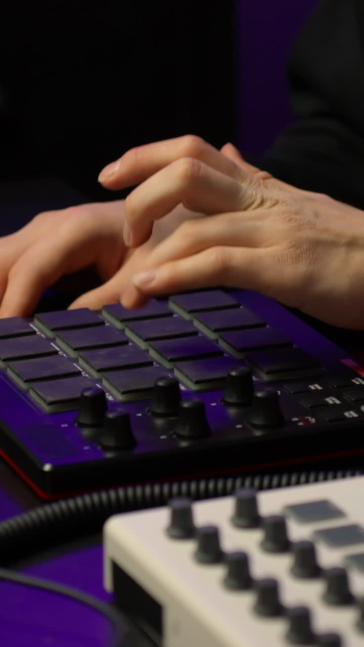 Produttore musicale che esegue dal vivo una melodia su una tastiera midi con una scheda audio per sintetizzatore in uno studio domestico, verticale