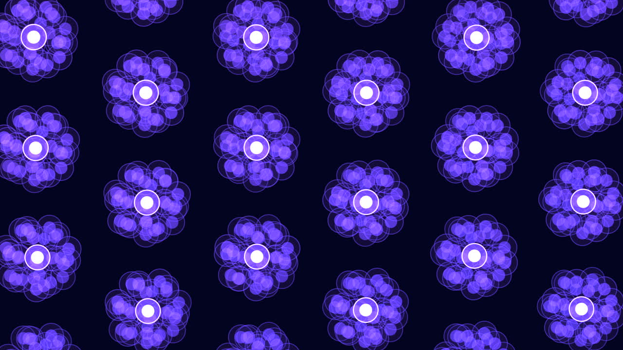 Seamless abstract background of purple glowing flower shapes and soft bokeh circles on dark blue, ideal for motion design, technology visuals, and wallpapers
