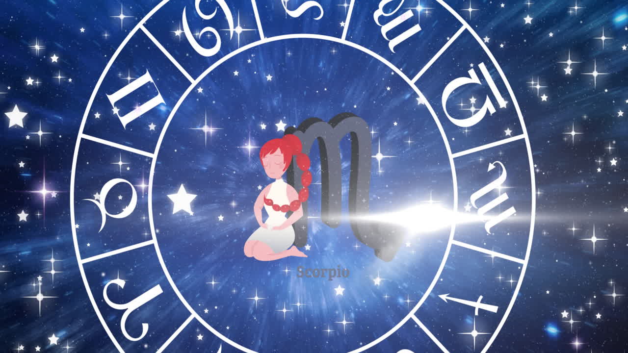 animación de la rueda del signo de la estrella giratoria con el signo de escorpio y las estrellas