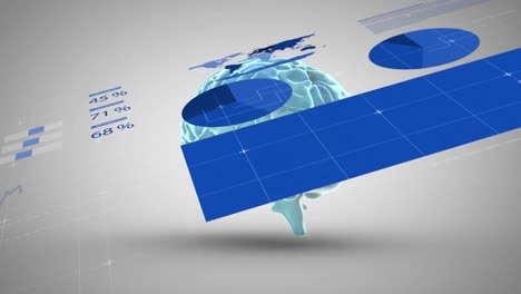 animación del procesamiento de datos estadísticos sobre el cerebro humano girando contra un fondo gris