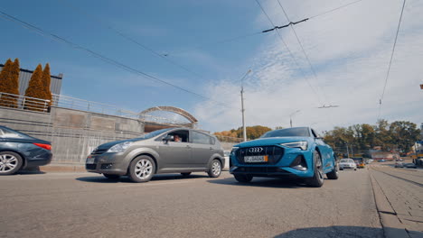 exterior of audi on street. audi e-tron test drive in city