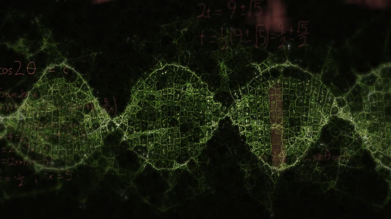 animación de la hélice de adn con fórmulas matemáticas y ángulos geométricos sobre fondo negro