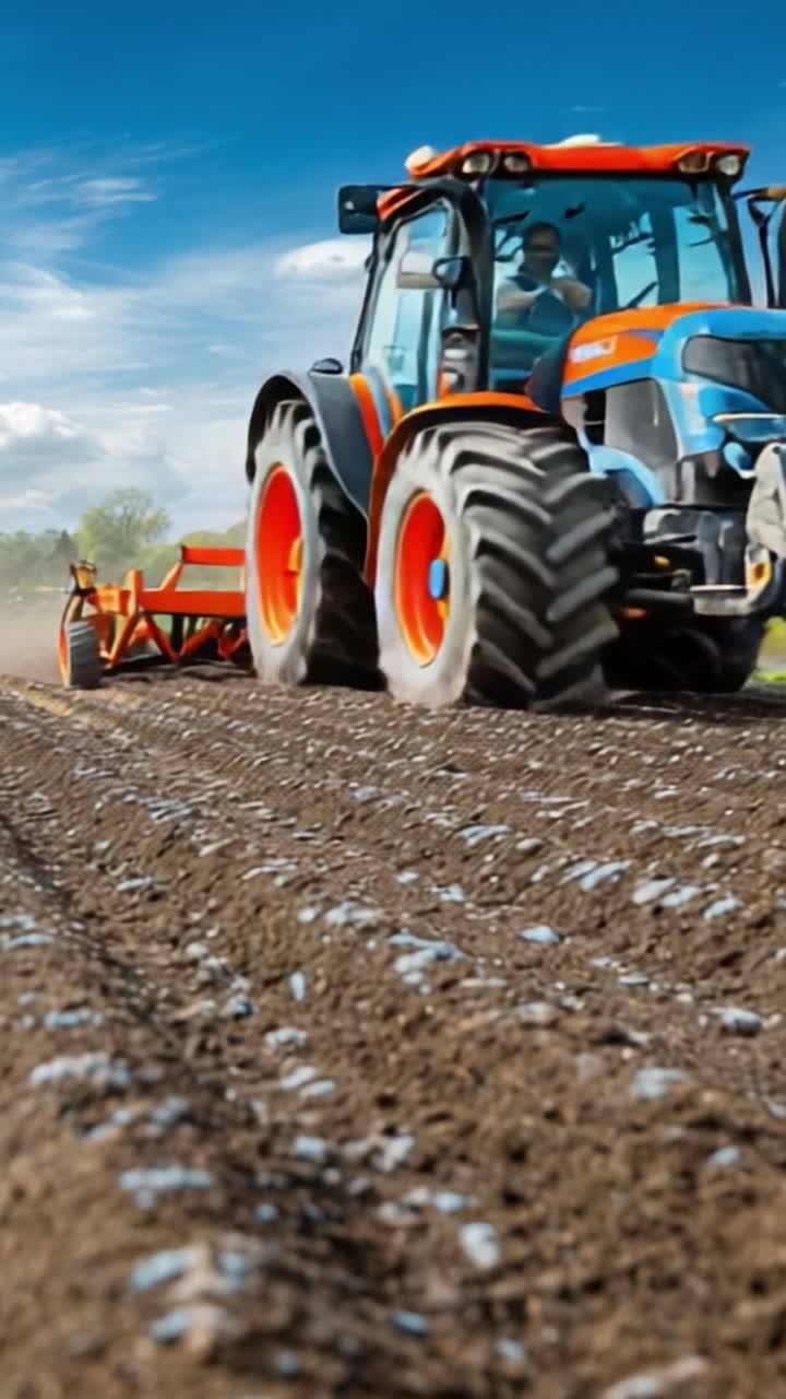 Un trattore moderno che ara il terreno sotto un cielo sereno, mostrando l'innovazione agricola e gli sforzi nelle pratiche di agricoltura sostenibile in mezzo all'abbondanza della natura