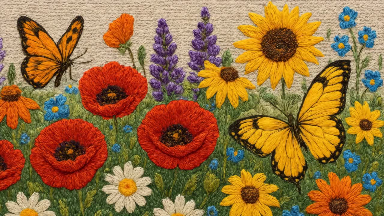 A close-up video of vibrant embroidered flowers and butterflies, showcasing intricate needlework