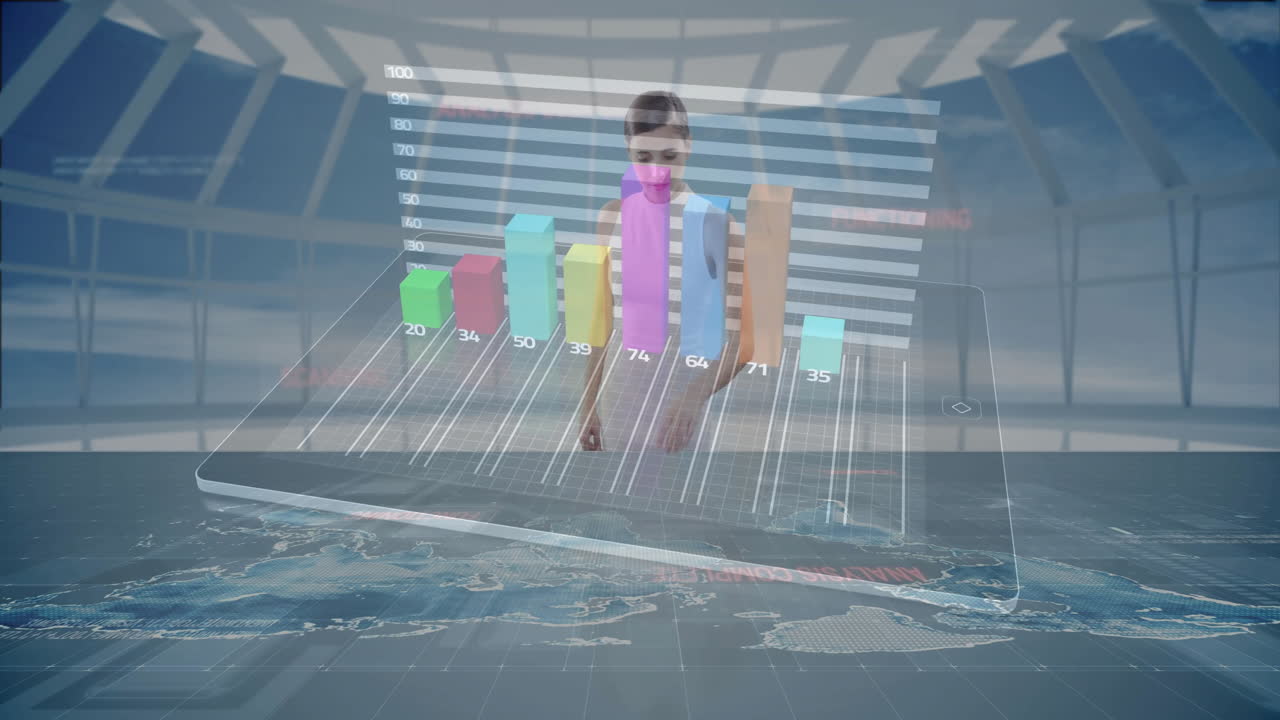 Bar chart animation over digital tablet displaying world map and data
