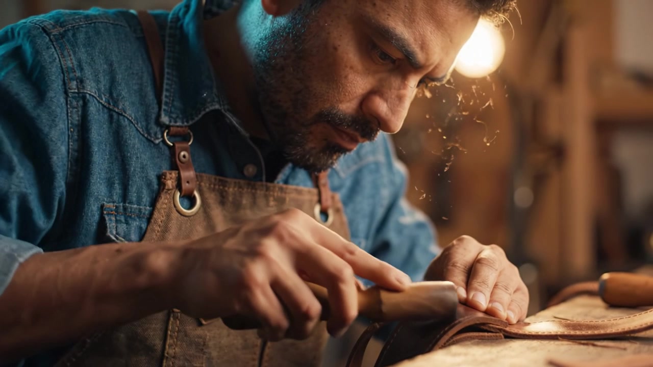 Skilled Leather Craftsman Focuses on Creating Artisanal Goods with Precision in a Well-Lit Workshop, Showcasing Expertise in Handcrafted Leatherworking Techniques