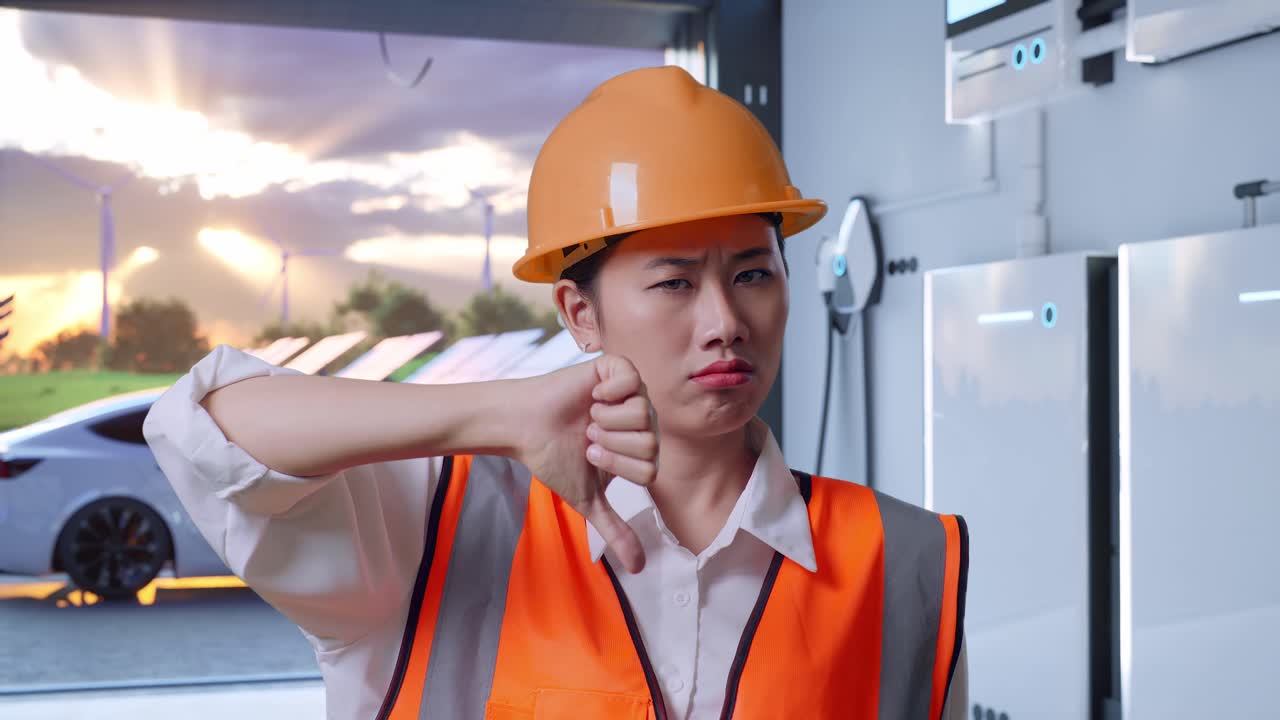 Close Up Of Asian Female Engineer With Safety Helmet Showing Thumbs Down Gesture And Shaking Her Head With Home Energy Storage System In a Modern Garage