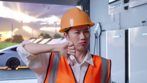 close up of asian female engineer with safety helmet showing thumbs down gesture and shaking her head with home energy storage system in a modern garage