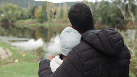 young couple, hug and outdoor with back view