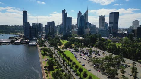 Aerial-view-of-Perth-skyscraper-and-the-swan-river-during-a-sunny-bue-sky-day---Western-Australia