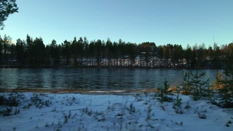 First-Snow-in-Coniferous-Forest-Along-River,-Dolly-Right-Aerial