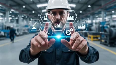 industrial engineer managing smart factory automation with a virtual interactive dashboard