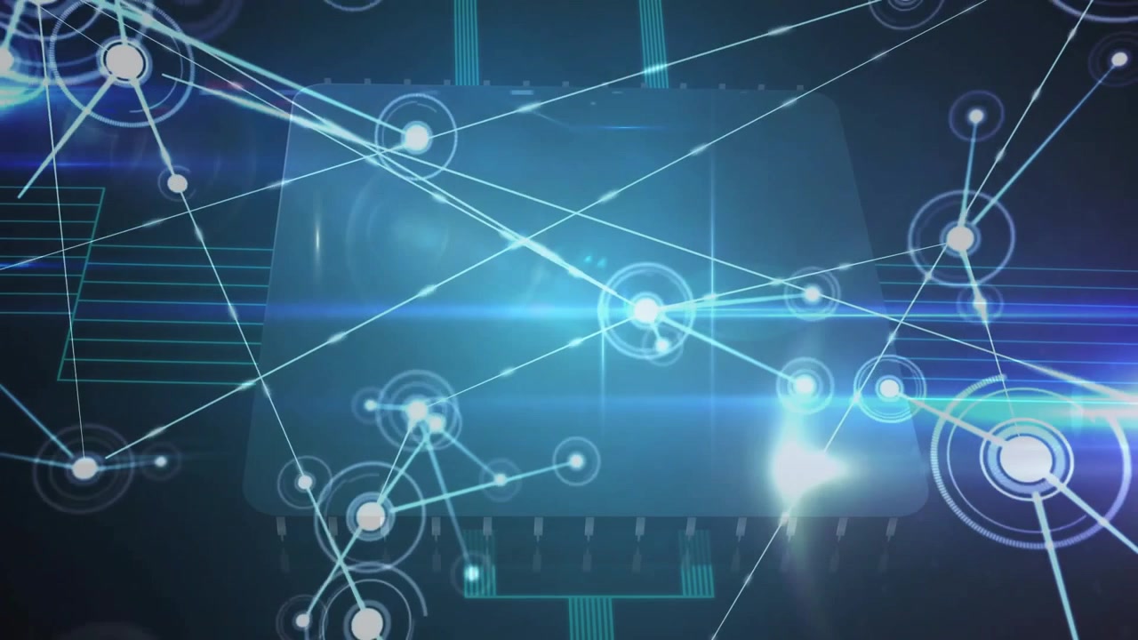 Microchip opening glowing core ring, emitting beams, materializing nodes, activating data network