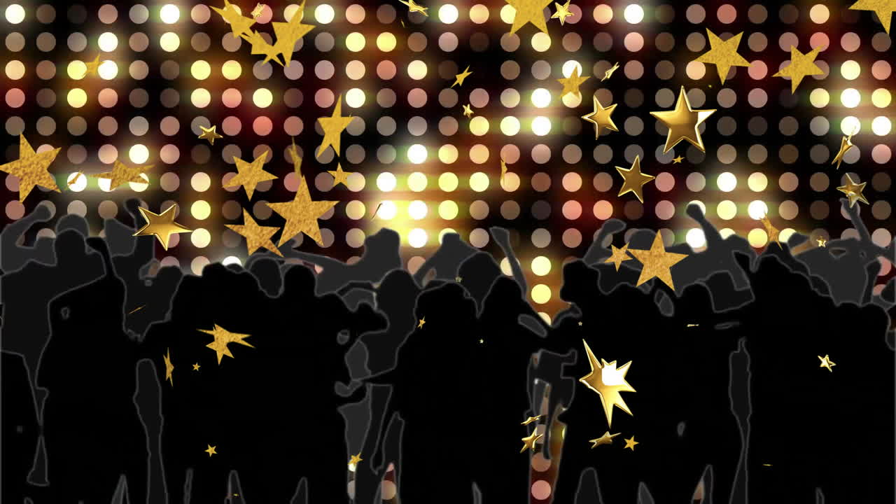 Golden stars animation over crowd silhouettes with colorful lights background