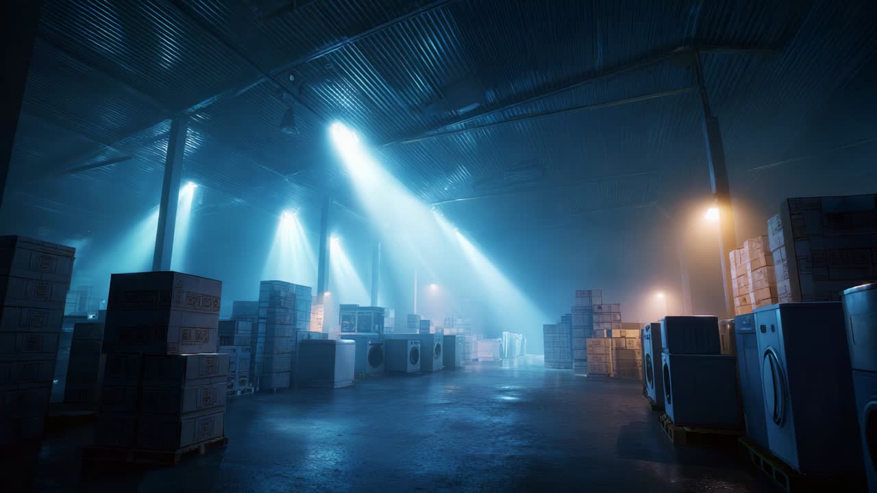 Mysterious Industrial Warehouse at Night with Dramatic Lighting and Shadows Creating an Atmosphere of Intrigue and Suspense, Highlighting Pallet Stacks and Machinery Surrounded by Fog