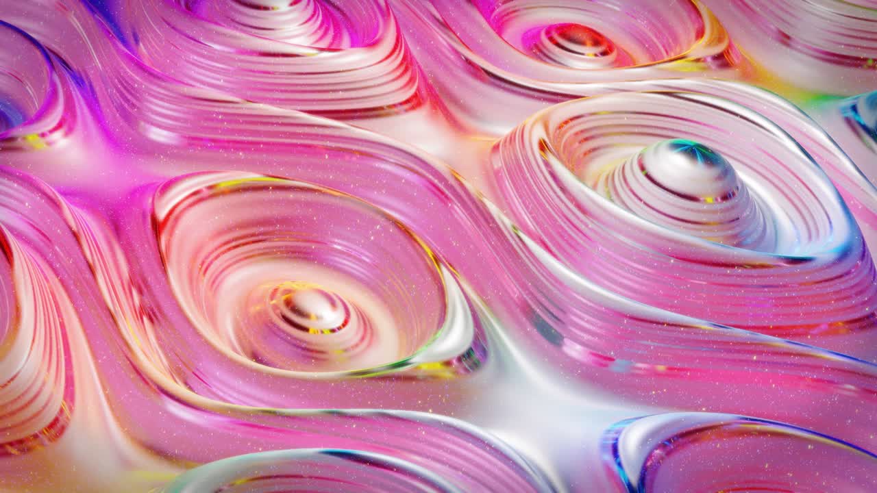 Looped abstract background. Beautiful iridescent wavy surface of liquid with pattern, gradient color and flow waves on it. Rainbow glossy and matt fluid. Creative bright bg with soft smooth animation.
