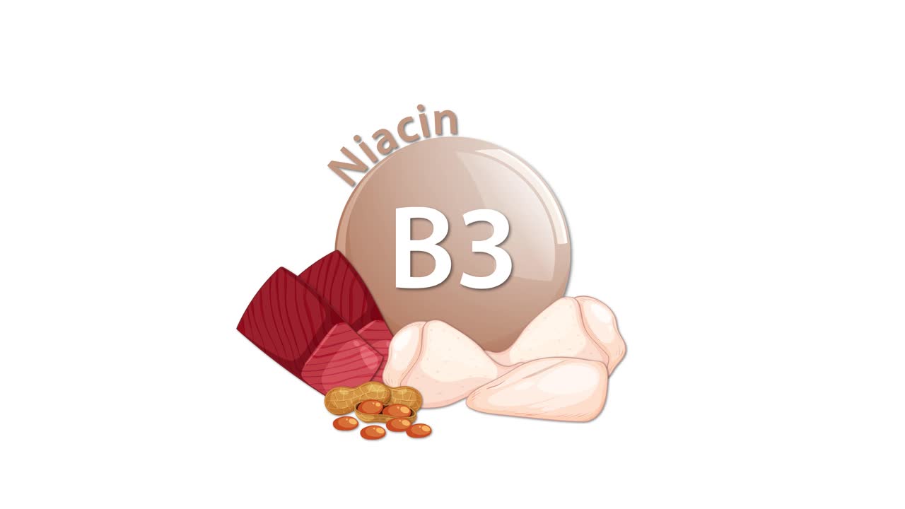 A smooth animation introduces a Vitamin B3 (Niacin) icon, gradually adding illustrated food sources like meat, poultry, and nuts on a clean white background