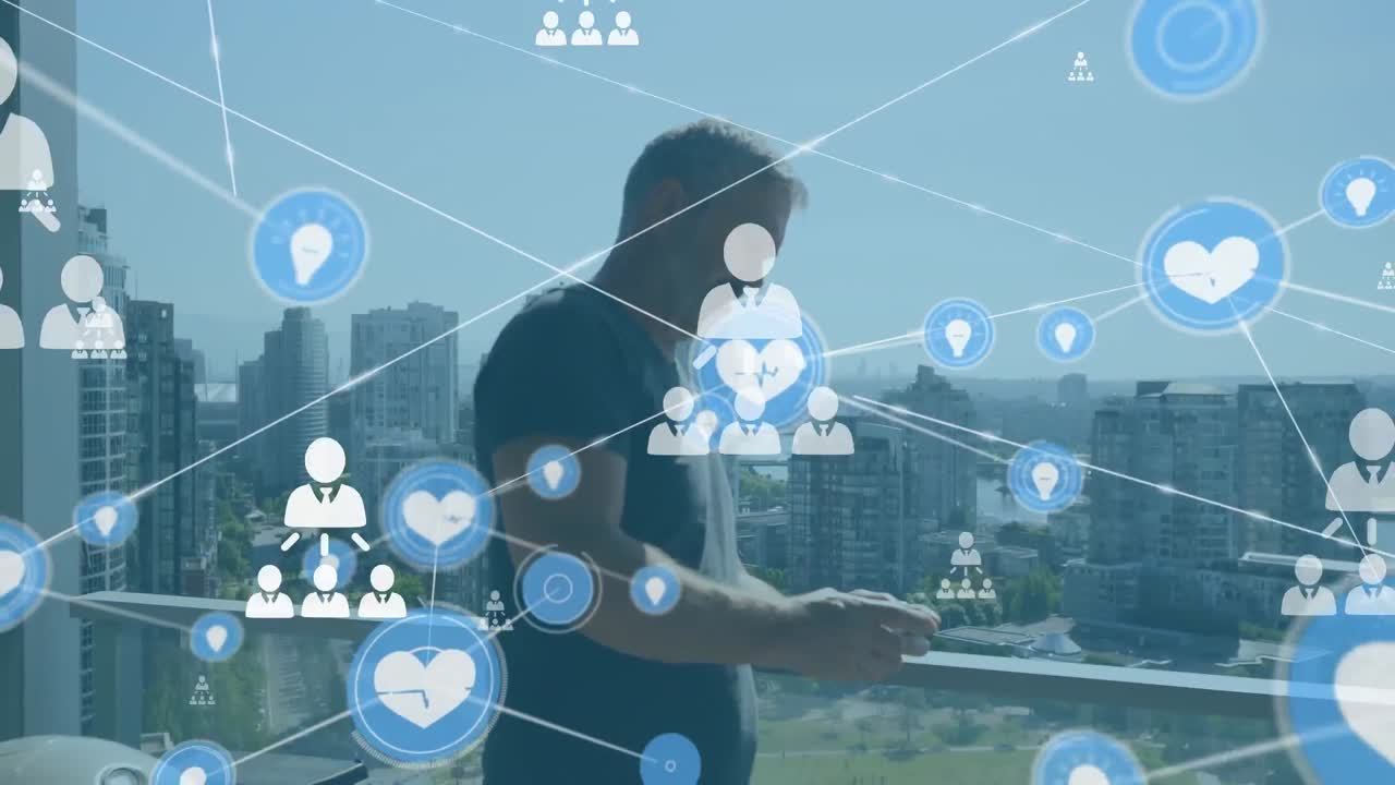 스마트 폰을 사용하여 사람 위의 아이콘과 연결 네트워크의 애니메이션