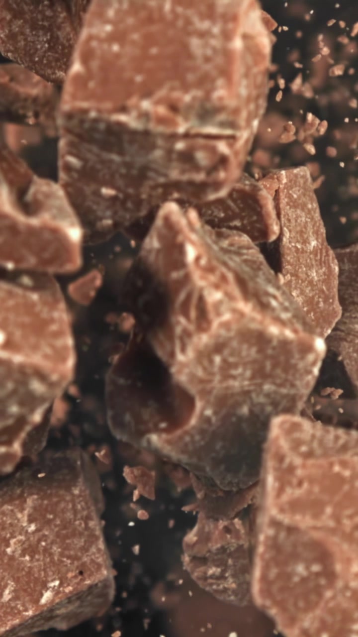Delicious Milk Chocolate Chunks Falling in Slow Motion