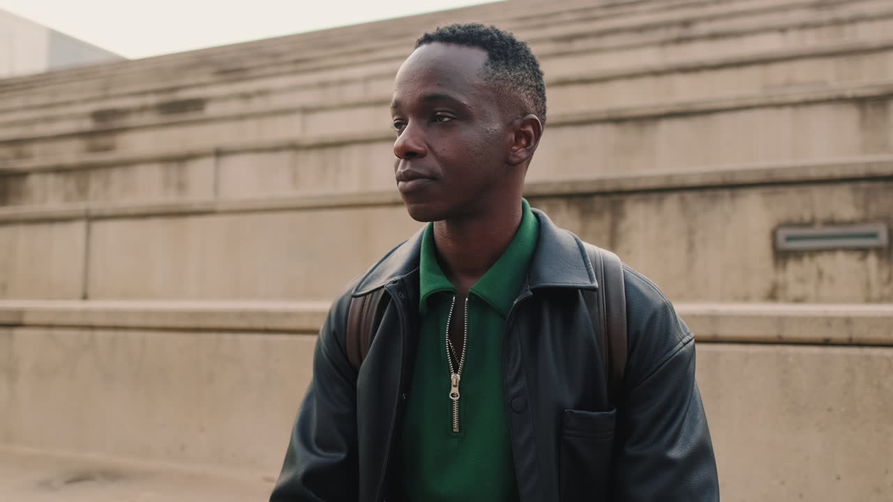 Giovane uomo afroamericano pensieroso seduto sui gradini in città
