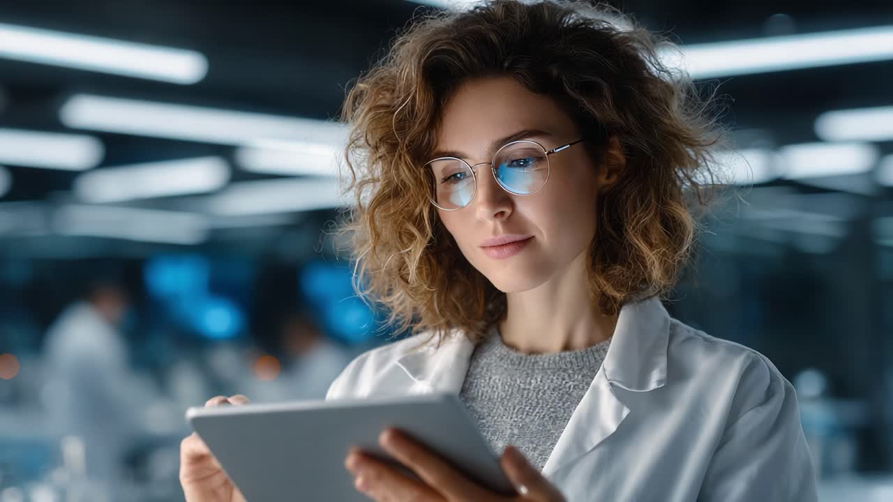 Focused Scientist Analyzing Data on Tablet in Modern Laboratory Environment While Conducting Research and Exploring New Scientific Frontiers
