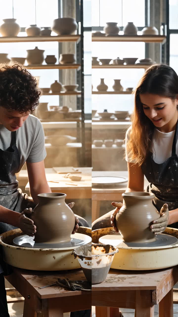 People Creating Pottery on a Potter's Wheel
