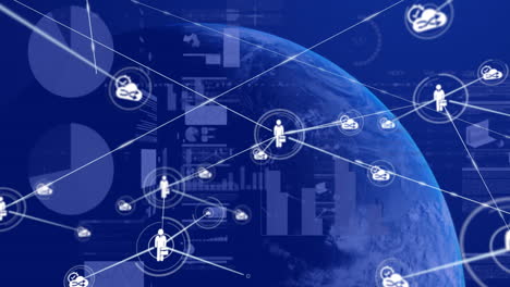 animation of network of connections with people icons over globe, financial data processing