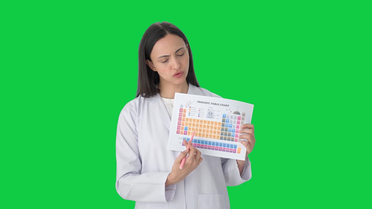 maestro indio explicando la tabla periódica pantalla verde