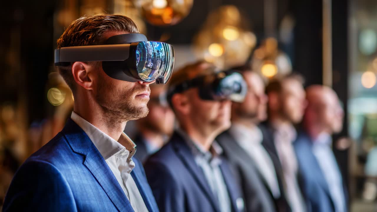 A Group of Professionals Engaged in Cutting-Edge Virtual Reality Experience Wearing Advanced Headsets in a Modern and Stylish Environment Amidst a Collaborative Atmosphere