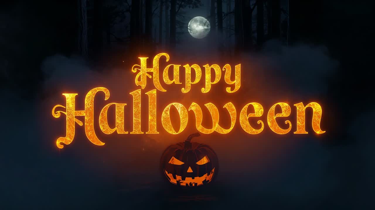La luce intensa della luna piena guida i boschi nebbiosi, formando il testo "Buon Halloween" e illuminando la zucca