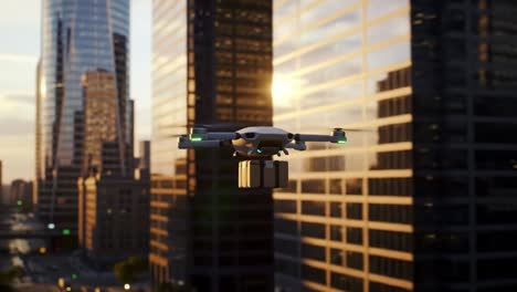 a drone flies through a bustling city, navigating between tall skyscrapers while carrying a package. the sun sets, casting a warm glow on the buildings, highlighting urban life.