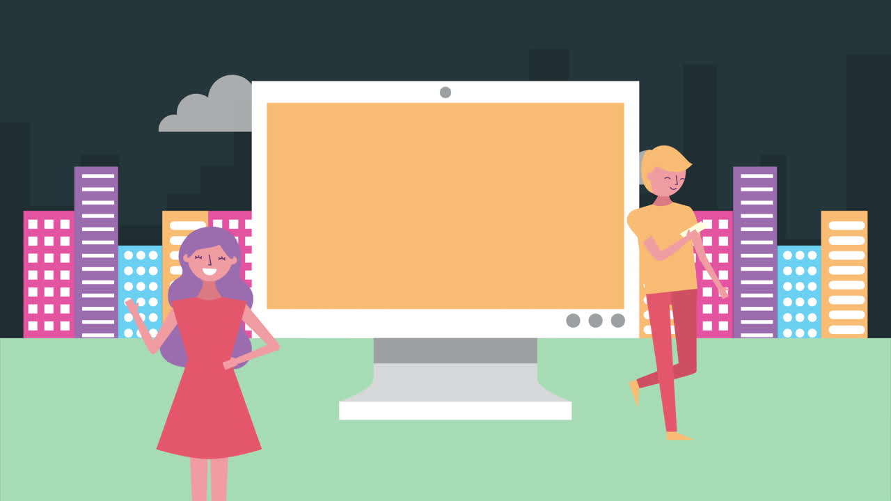 young couple with desktop on the city