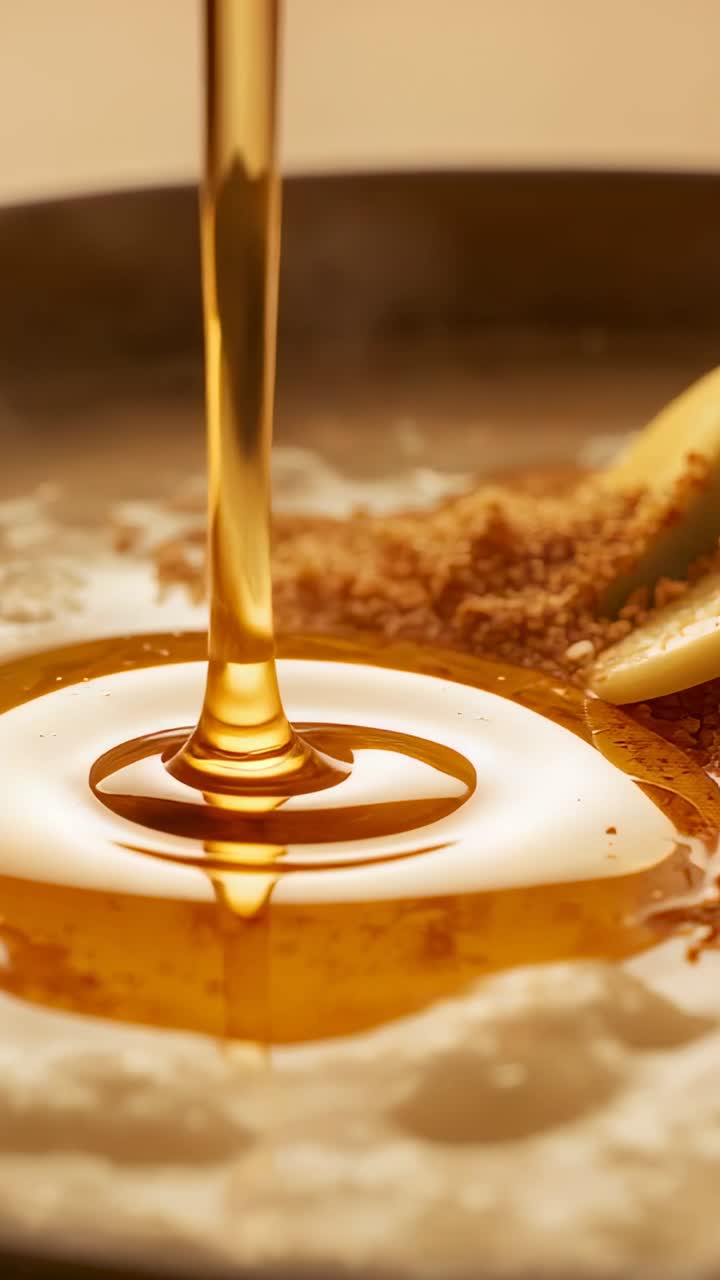 Video verticale: sciroppo versato sopra yogurt che crea increspature in cucina con cucchiaio, banana e zucchero