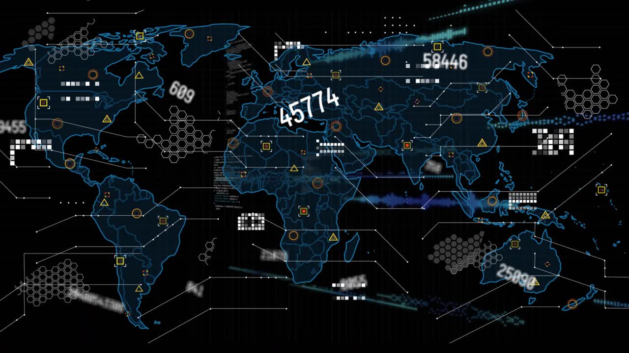 On load blue-outlined map zooming out, filling with numbers, hex and markers visualizing data flows
