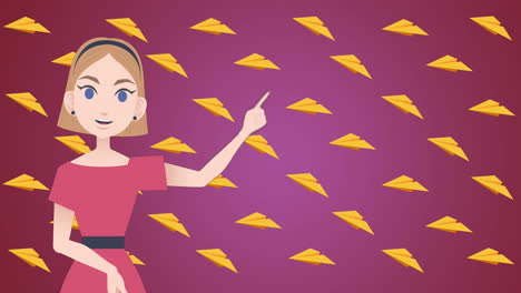 animación de una mujer hablando sobre iconos de aviones de papel