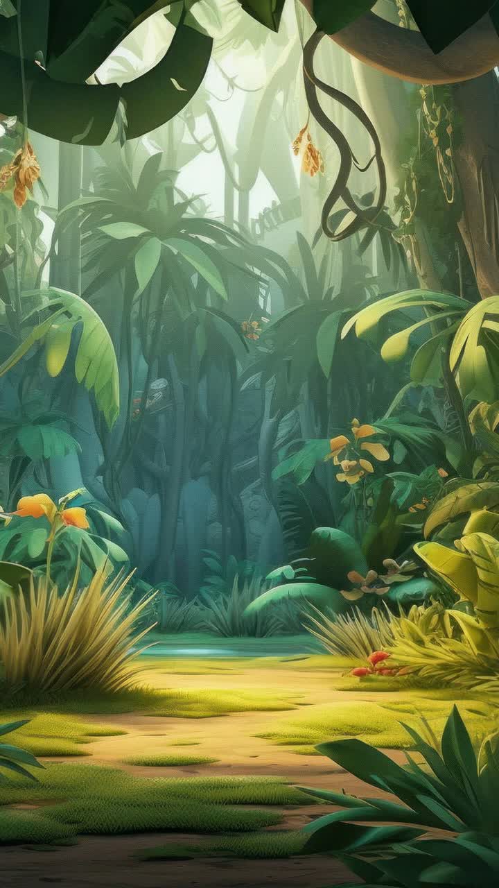 A lush, animated jungle scene with vibrant greens and dappled sunlight ...