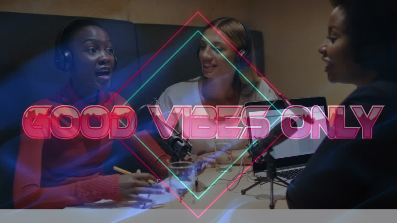 Animation of good vibes only text over smiling diverse women during interview