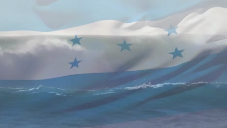 Animation-of-flag-of-honduras-waving-over-sun-on-waves-breaking-in-sea