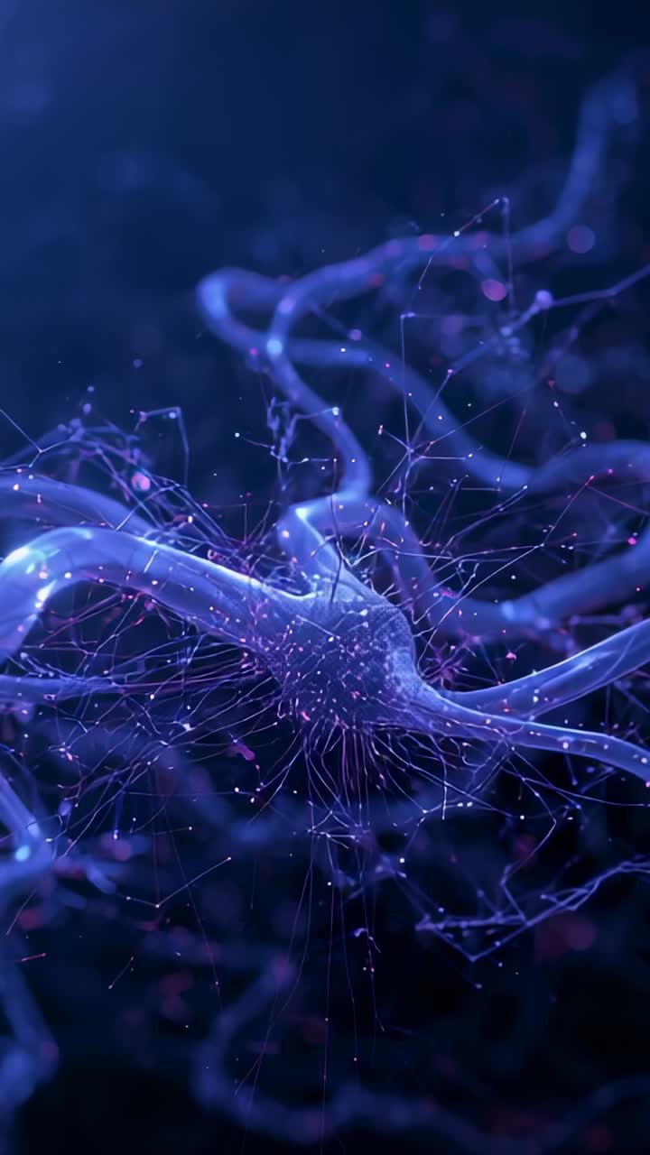 Vertical video: Animating neuron cell body sending pulses along dendrites and axon in dark space