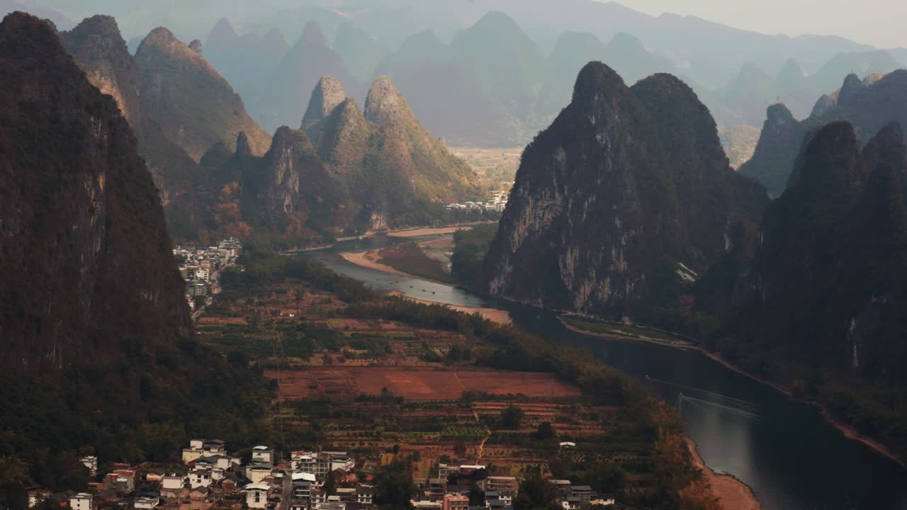 Panoramic Landscape of Li River and Rural Villages in China