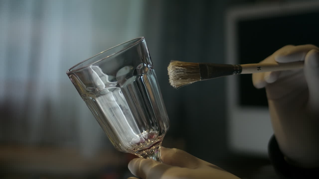 manos enguantadas sostienen el vidrio para cepillar las huellas dactilares, close-up