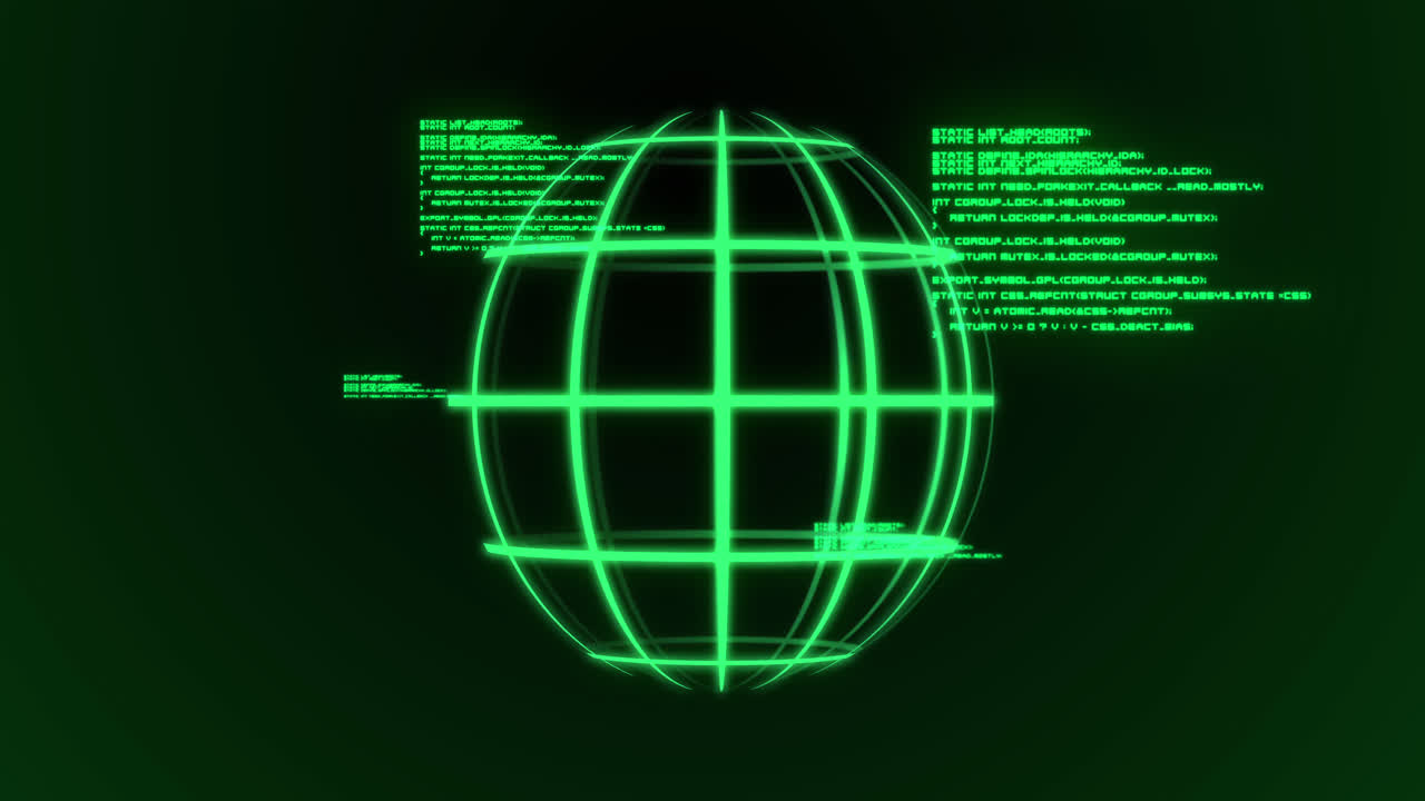 Animation of globe and data processing on dark green background