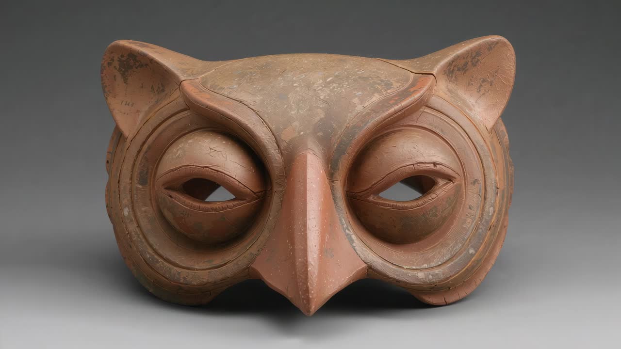 Tightening camera framing showing terracotta owl mask on base with gray backdrop revealing patina
