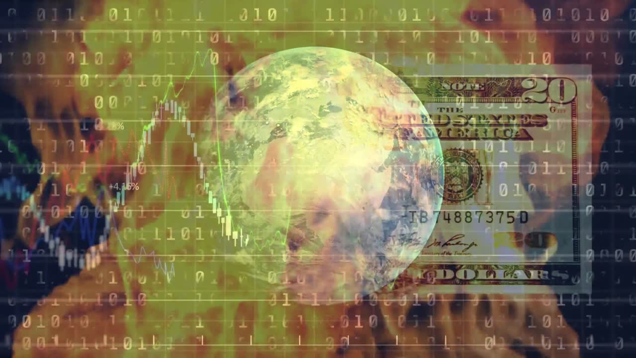 배경 에 있는 주식 시장 디스플레이 위 에 있는 전 세계 의 애니메이션