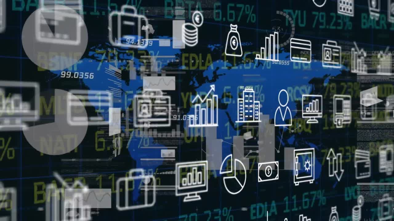 animación de iconos de negocios en línea y procesamiento de datos financieros en el mapa del mundo