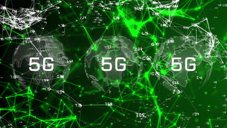 Animation-of-5g-over-globes,-connections-data-and-digital-screen