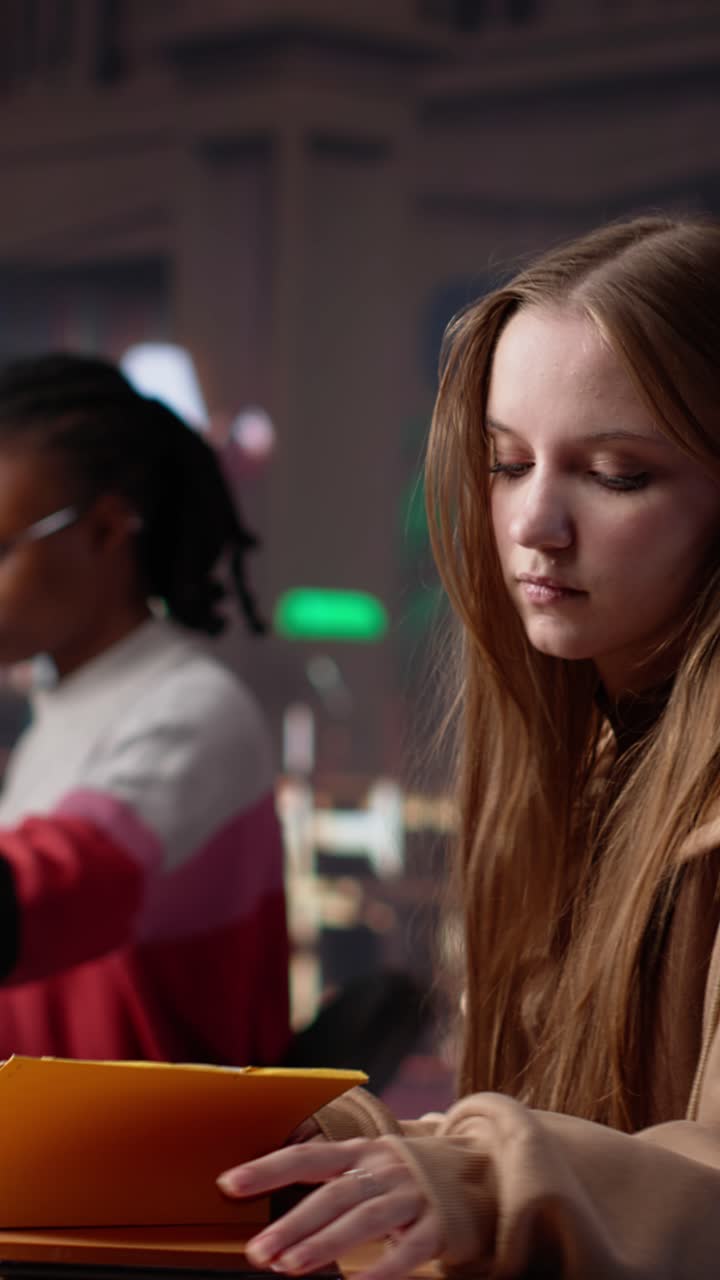 Vertical video rude girl taking a phone call in the campus library and disturbing students