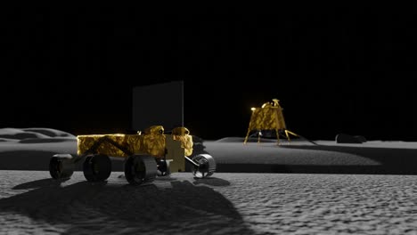 3d animation of the pragyan lunar rover with its lander in the background